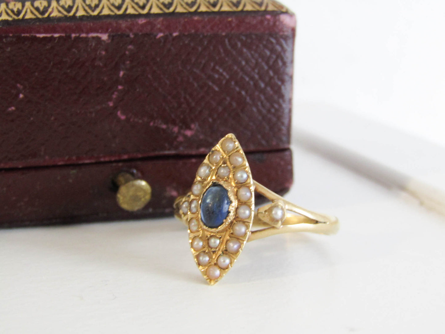 18K Edwardian Navette Cluster Ring with Seed Pearls, Pierced Gallery, and Sapphire Paste