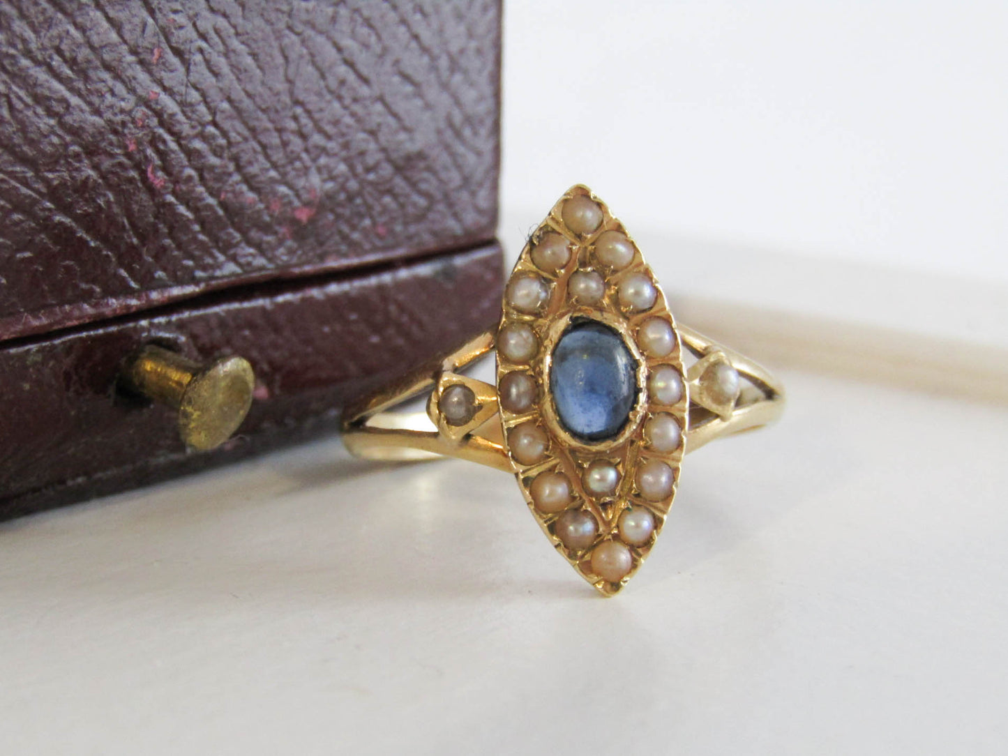 18K Edwardian Navette Cluster Ring with Seed Pearls, Pierced Gallery, and Sapphire Paste