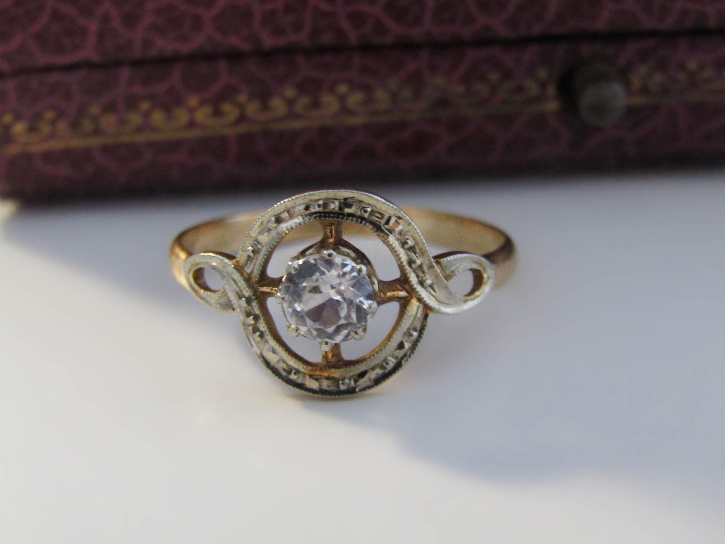 Antique 18k Art Deco White Sapphire Ring, White and Yellow Gold Engagement Ring c. 1920