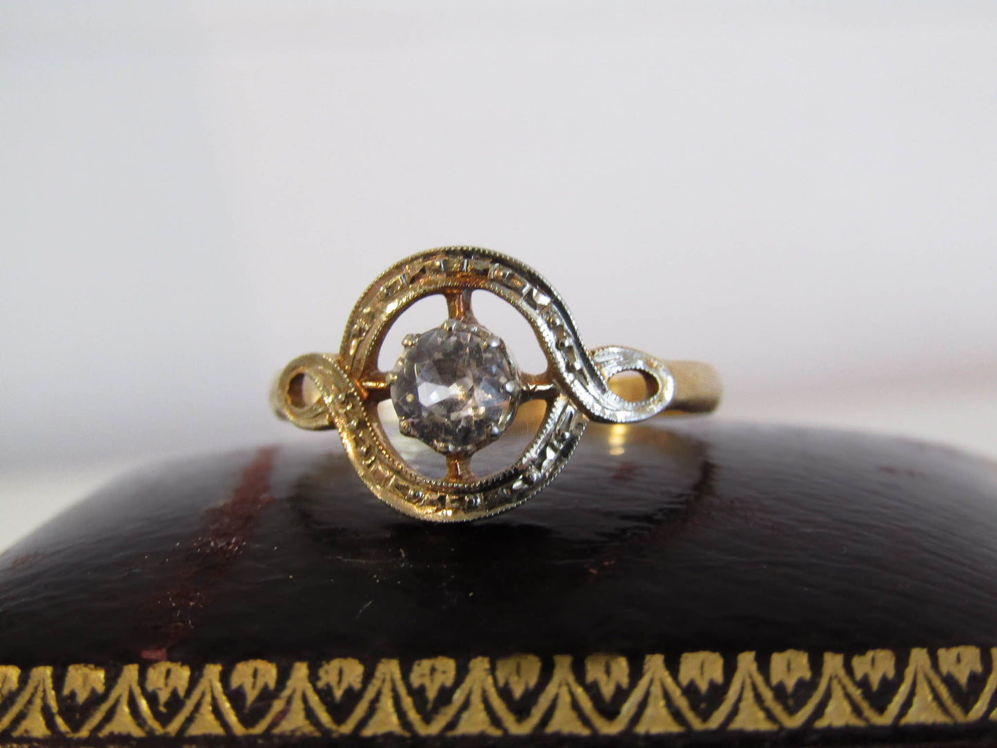 Antique 18k Art Deco White Sapphire Ring, White and Yellow Gold Engagement Ring c. 1920