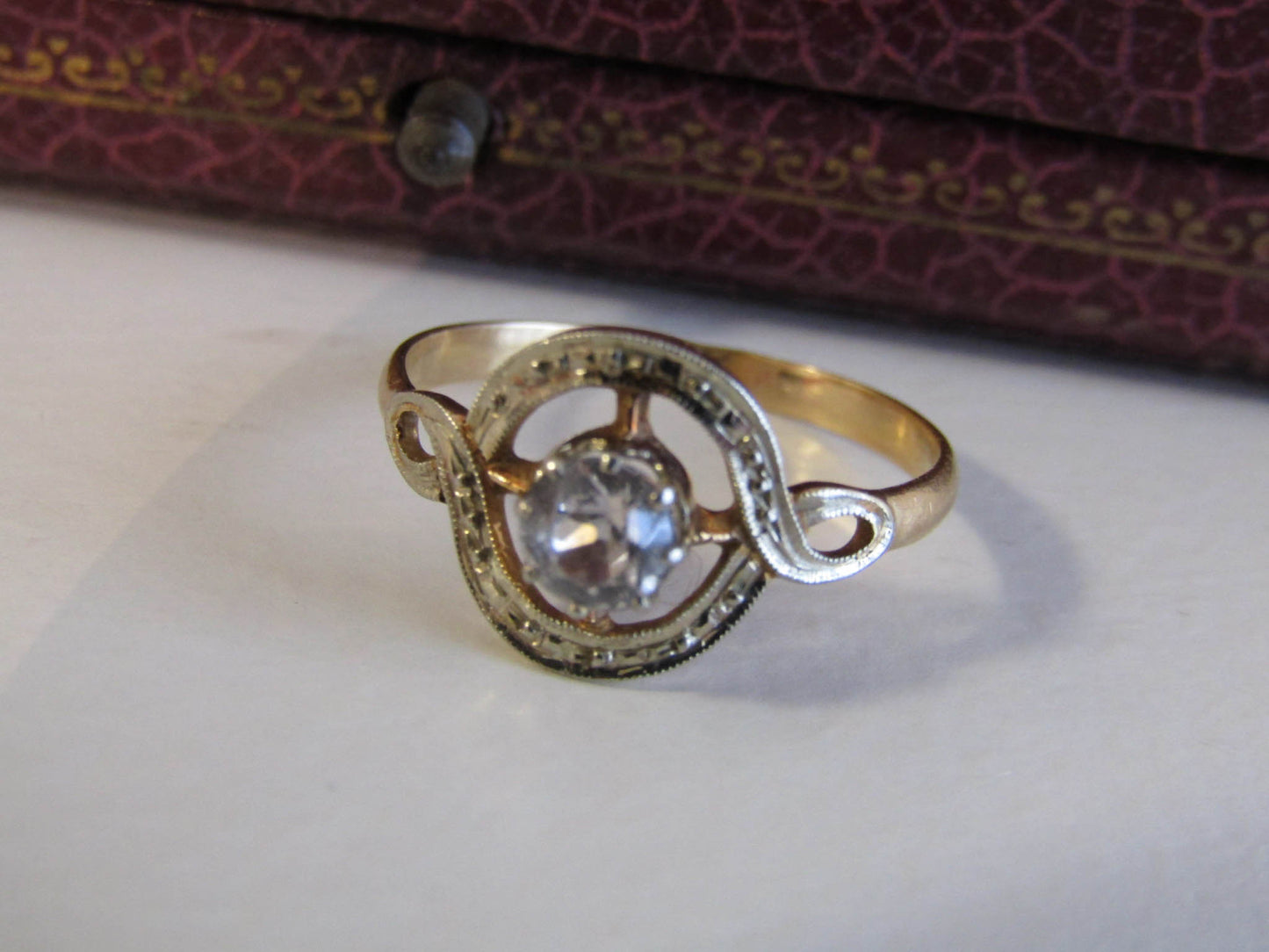 Antique 18k Art Deco White Sapphire Ring, White and Yellow Gold Engagement Ring c. 1920