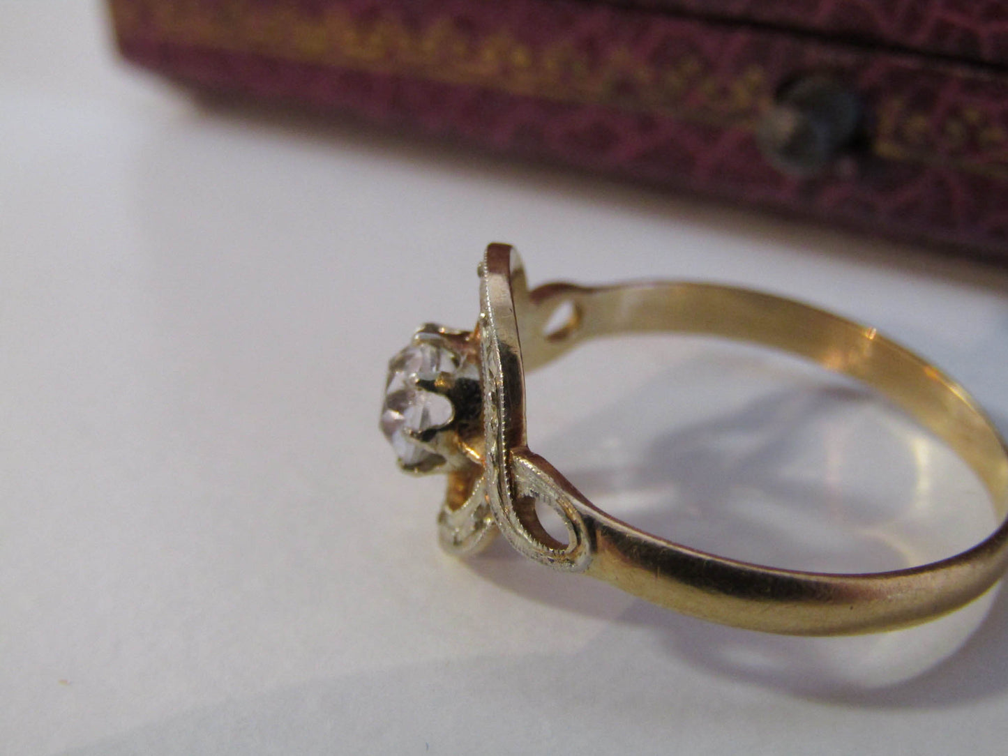 Antique 18k Art Deco White Sapphire Ring, White and Yellow Gold Engagement Ring c. 1920