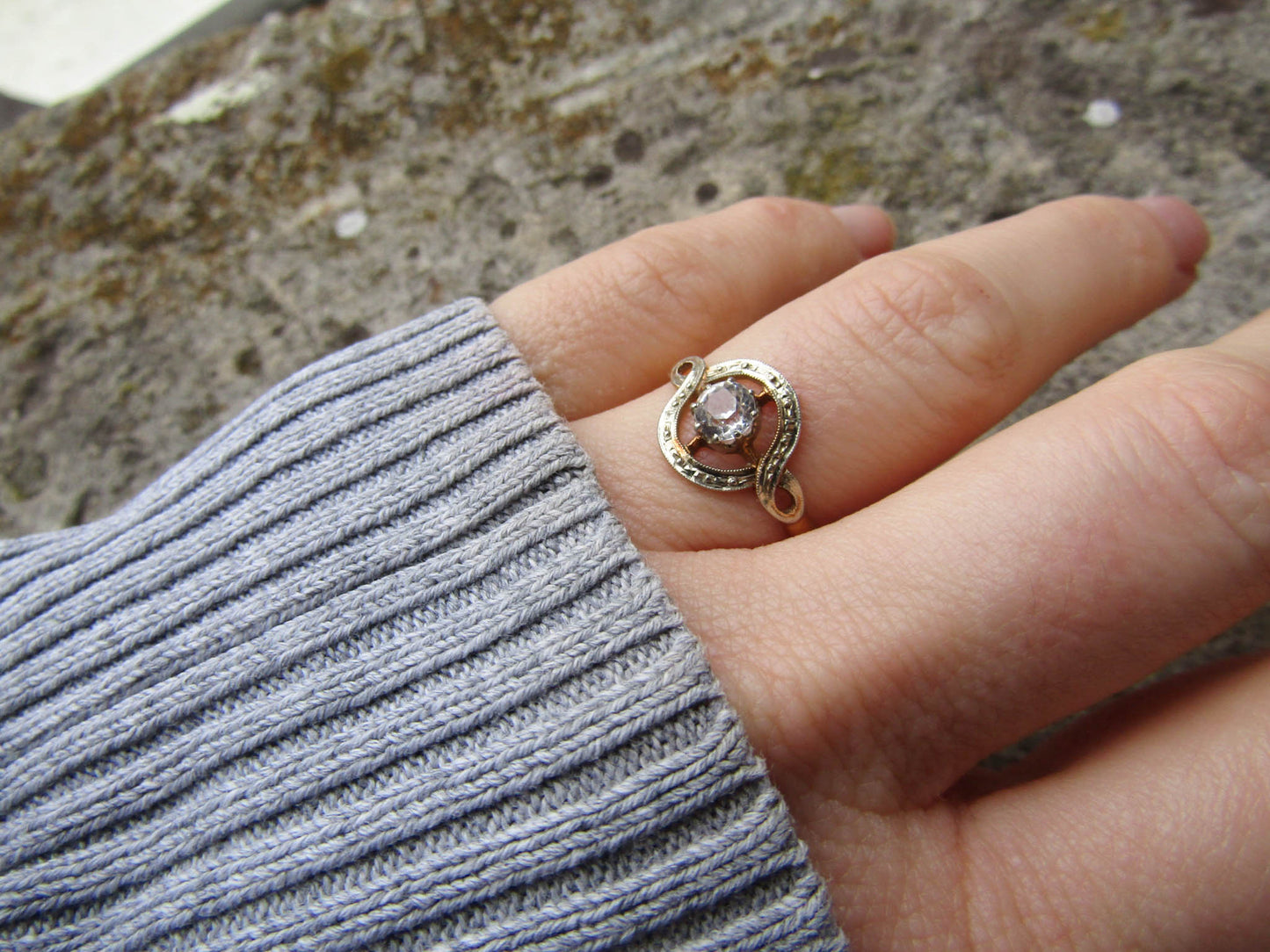 Antique 18k Art Deco White Sapphire Ring, White and Yellow Gold Engagement Ring c. 1920