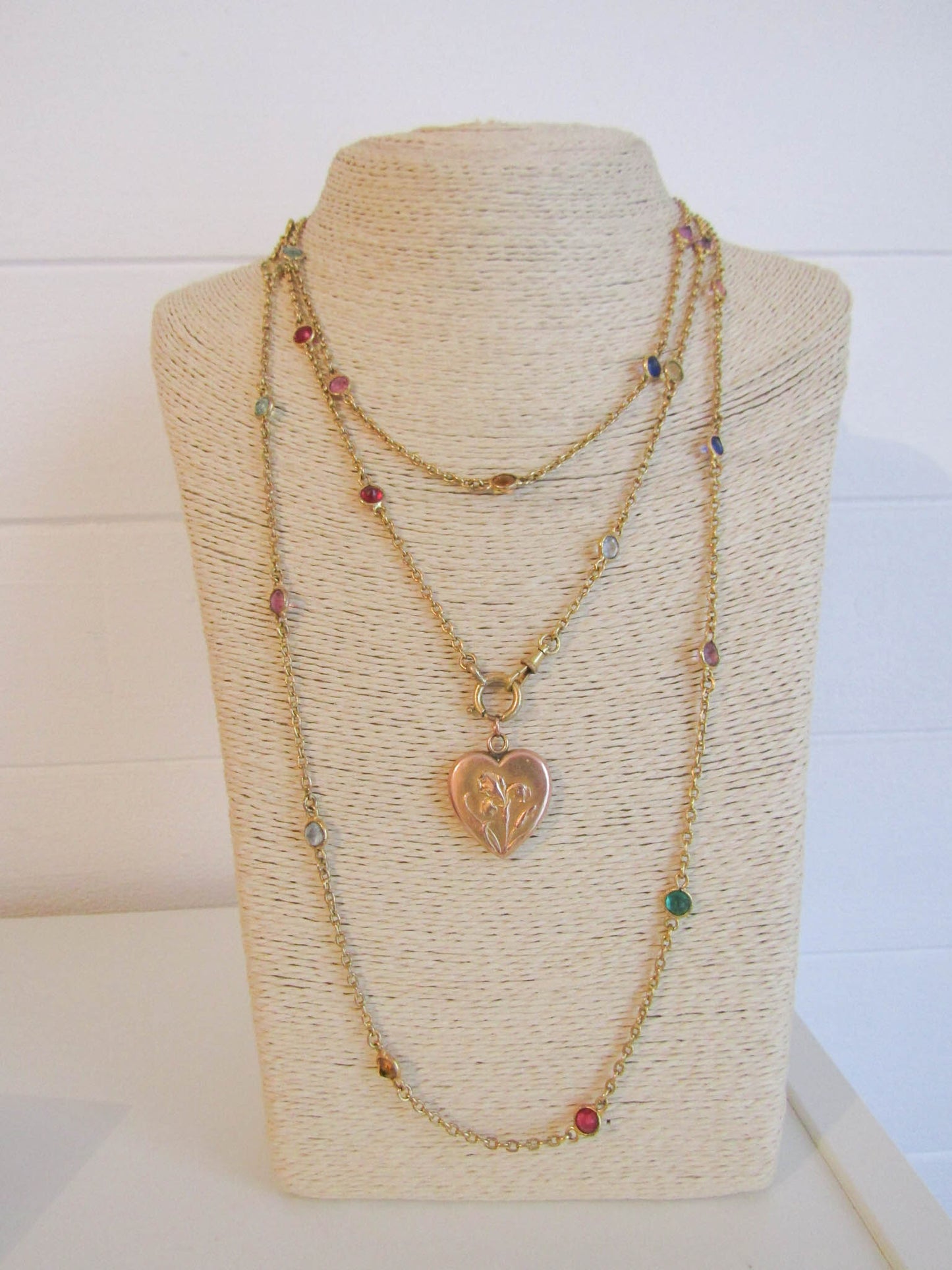 62" Vintage Art Deco Gold Filled Long Guard Station Chain with Paste c. 1930