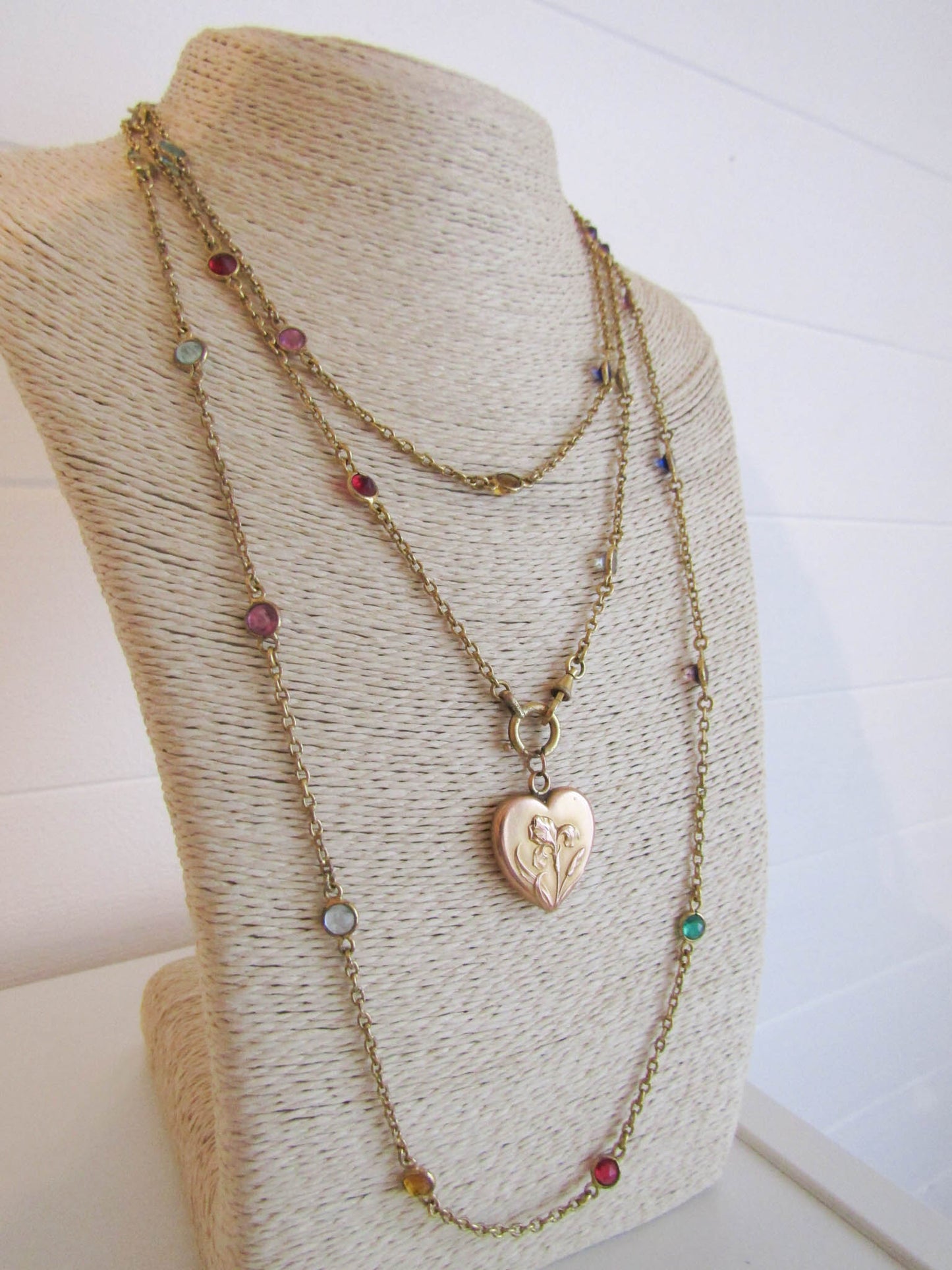 62" Vintage Art Deco Gold Filled Long Guard Station Chain with Paste c. 1930