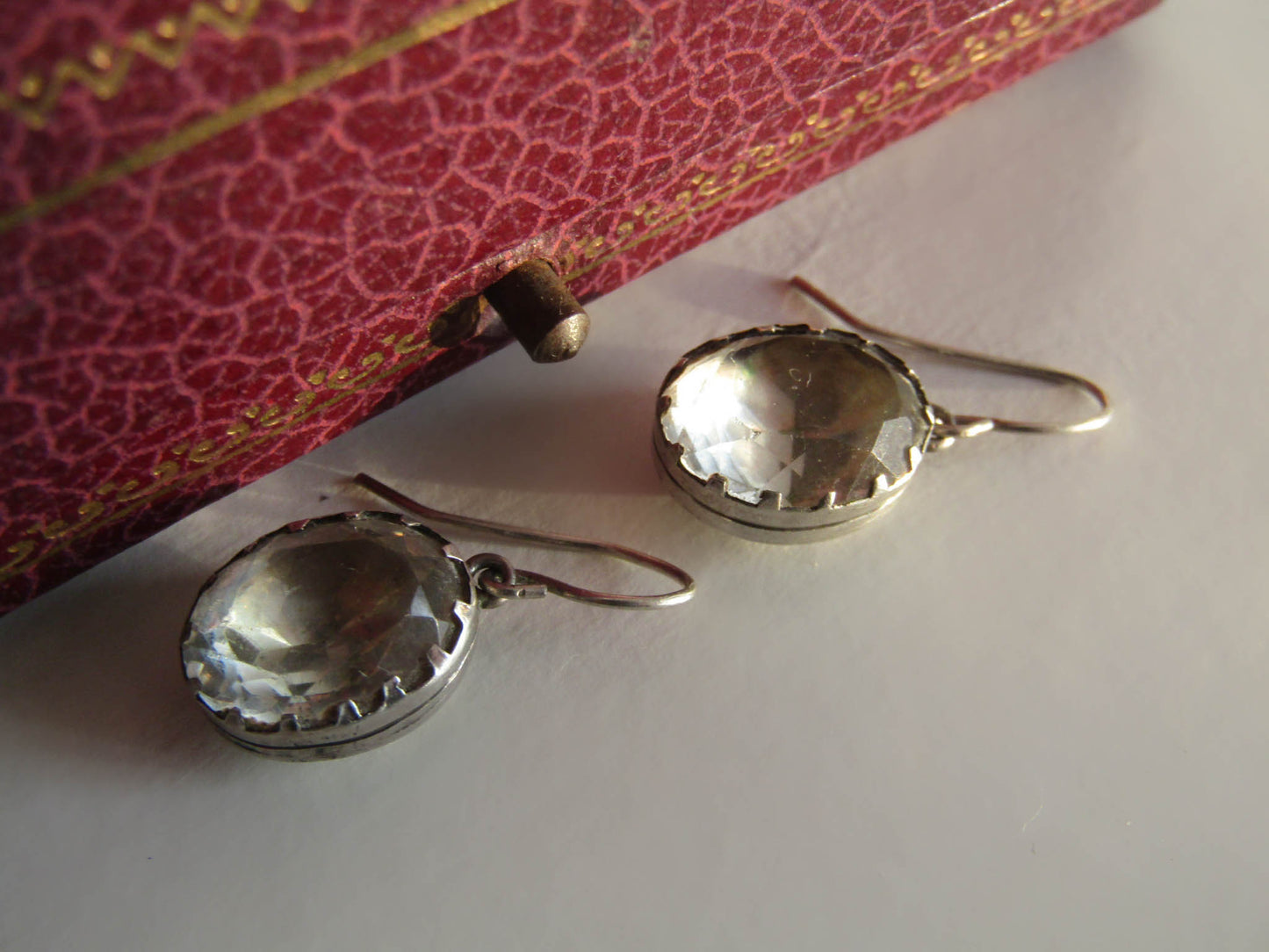 Georgian Revival Paste Foil Back Earrings, Art Deco Antique French Drop Earrings