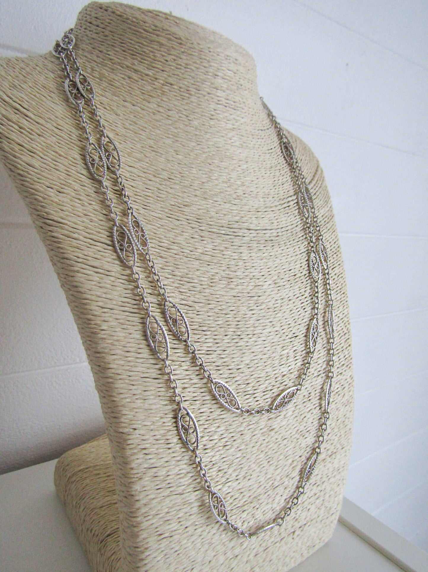 46" Antique Silver Long Guard Chain, French Belle Epoque Silver Filigree Chain