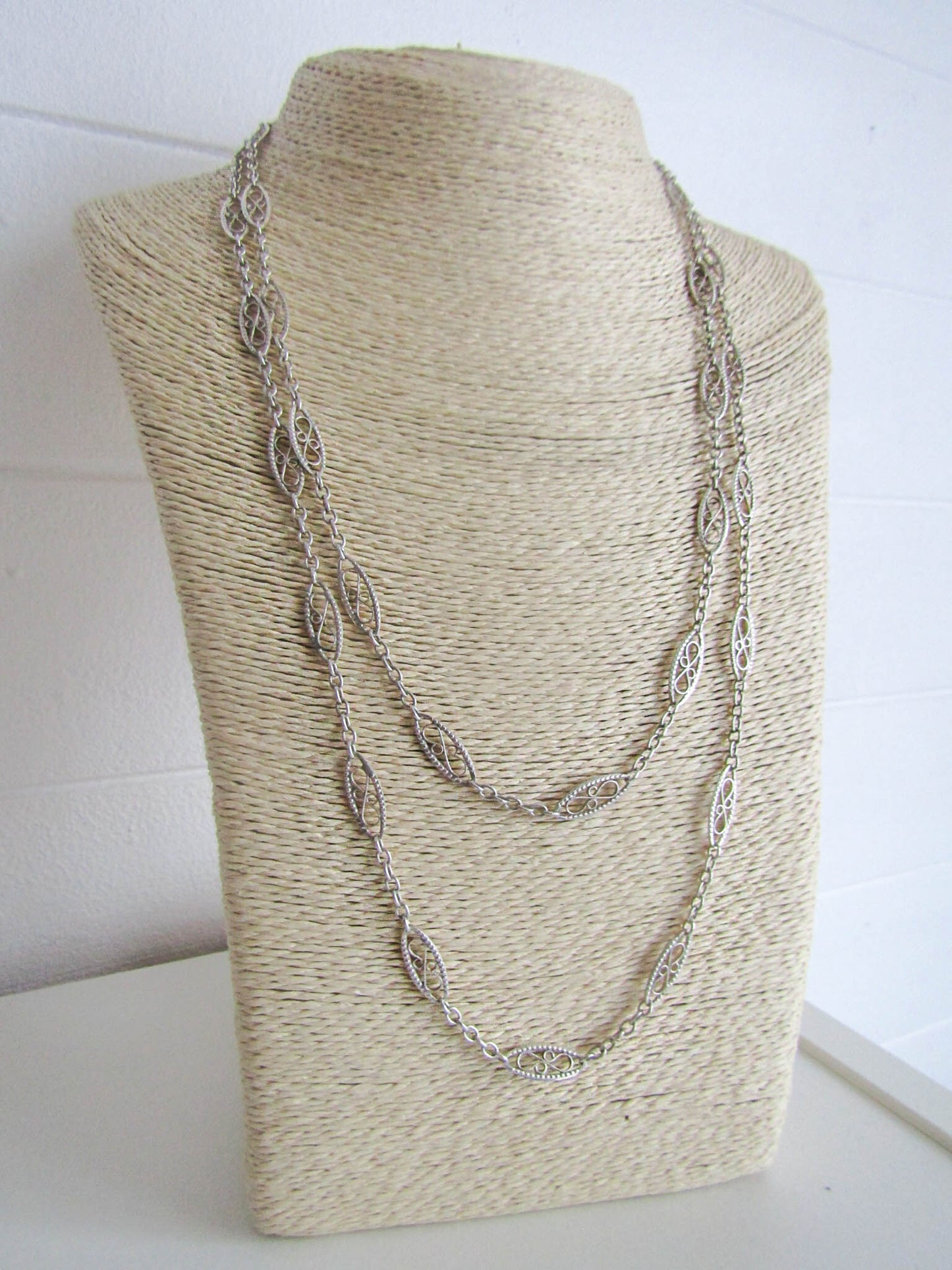 46" Antique Silver Long Guard Chain, French Belle Epoque Silver Filigree Chain