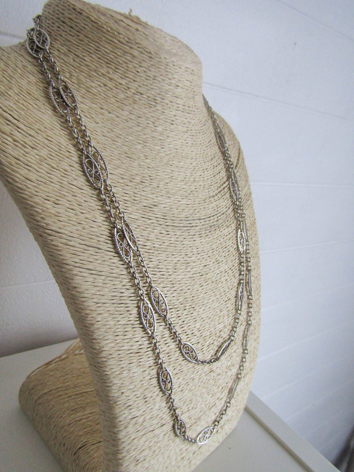 46" Antique Silver Long Guard Chain, French Belle Epoque Silver Filigree Chain