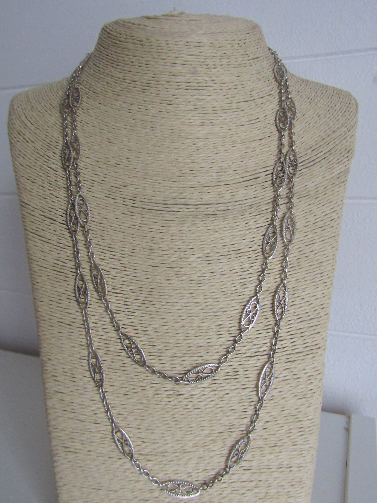 46" Antique Silver Long Guard Chain, French Belle Epoque Silver Filigree Chain