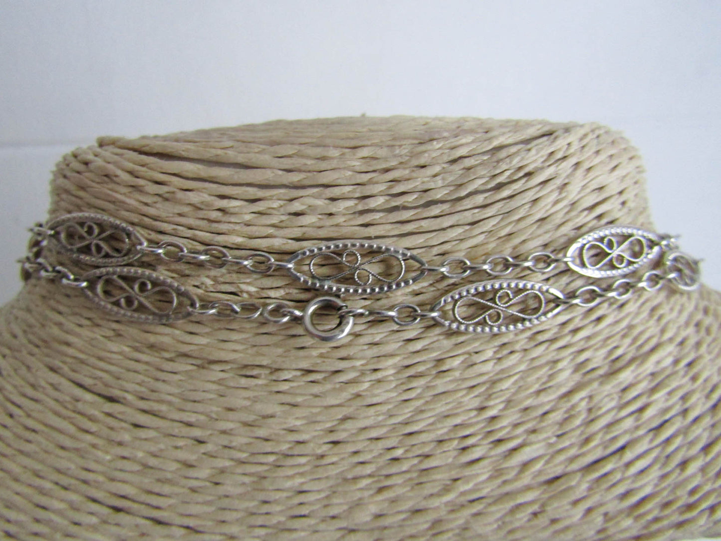 46" Antique Silver Long Guard Chain, French Belle Epoque Silver Filigree Chain