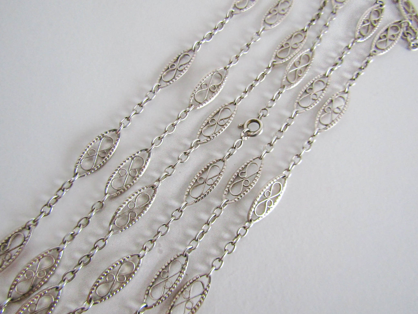 46" Antique Silver Long Guard Chain, French Belle Epoque Silver Filigree Chain