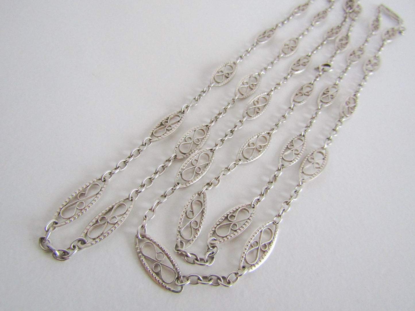 46" Antique Silver Long Guard Chain, French Belle Epoque Silver Filigree Chain