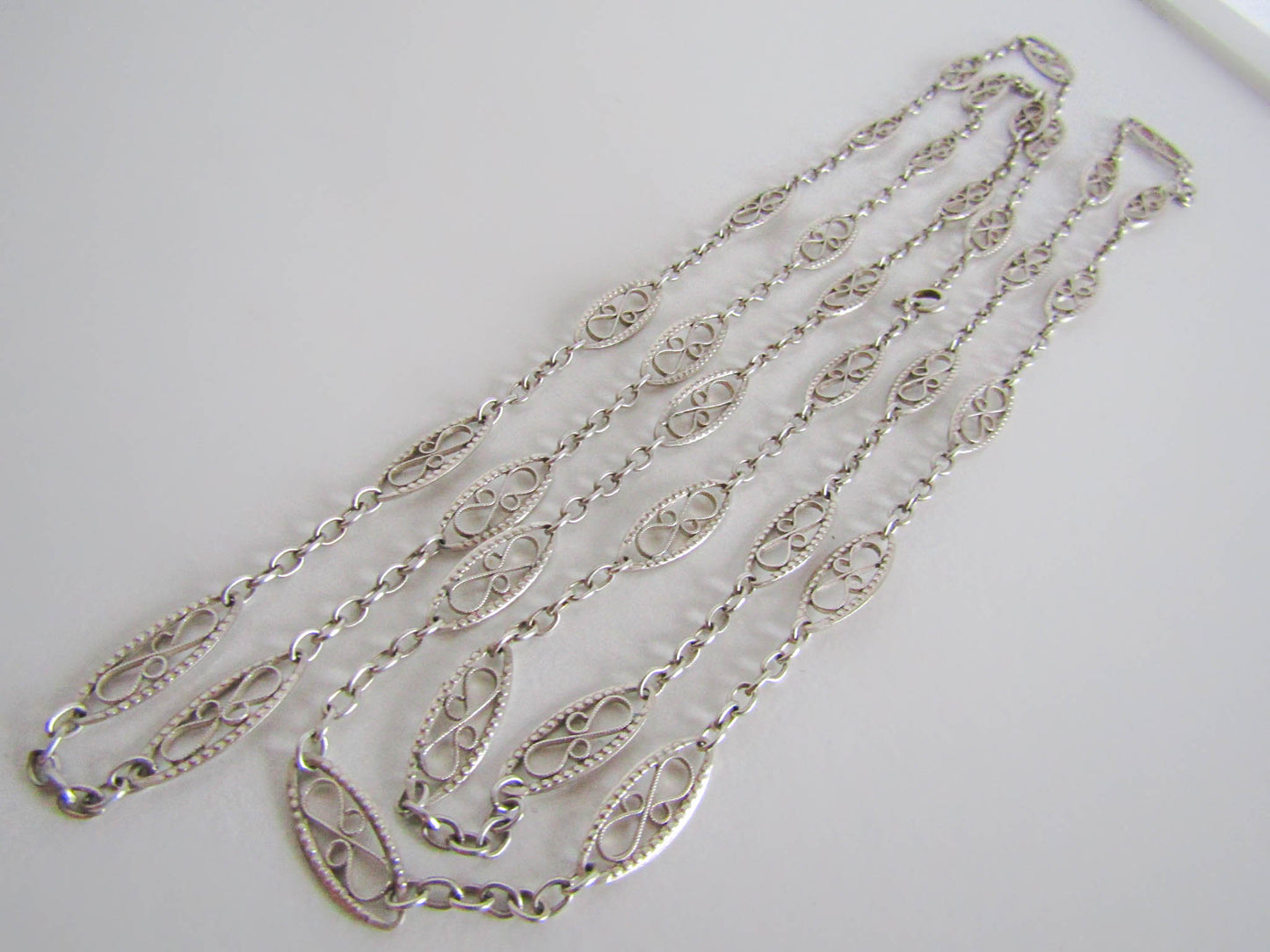 46" Antique Silver Long Guard Chain, French Belle Epoque Silver Filigree Chain