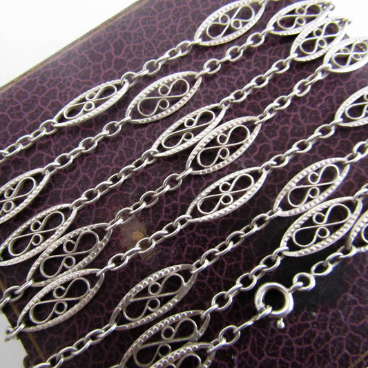 46" Antique Silver Long Guard Chain, French Belle Epoque Silver Filigree Chain