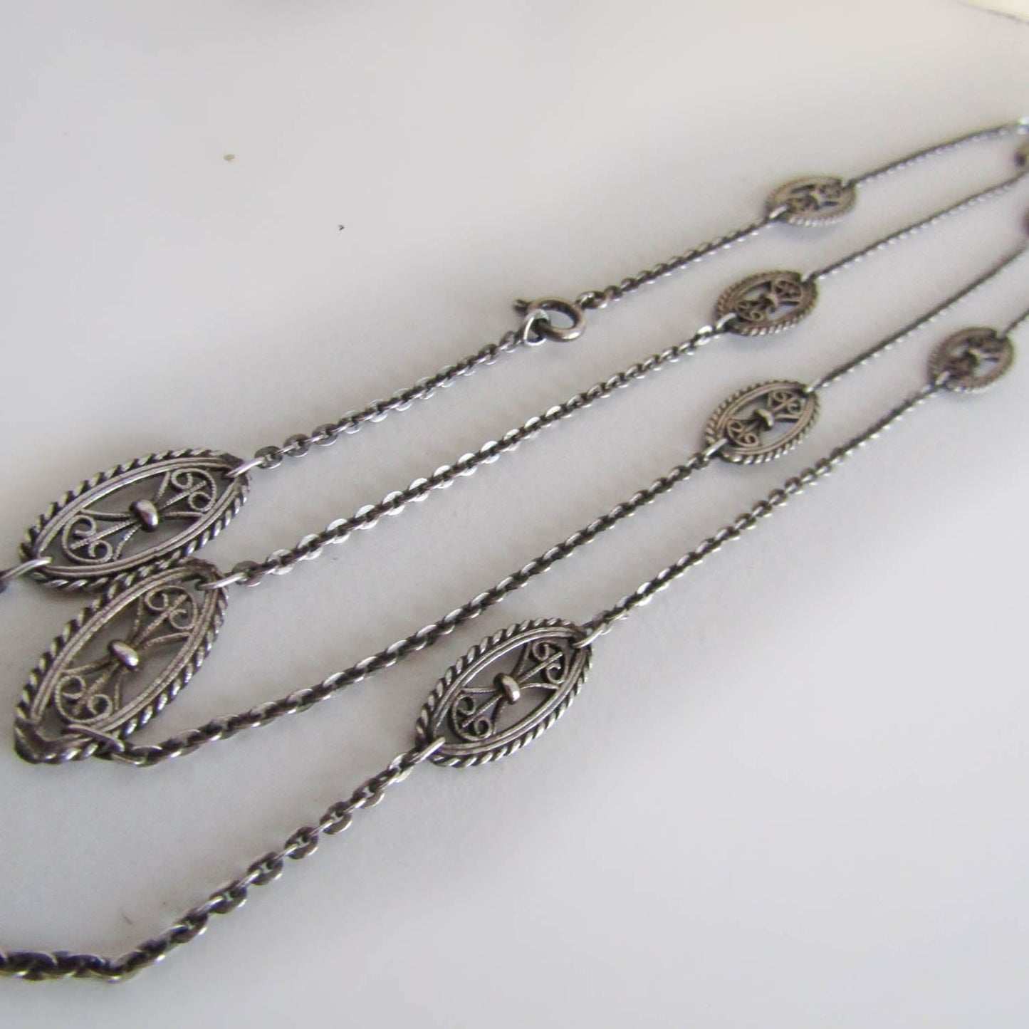 Antique French Silver Filigree Station Necklace, Vintage Art Nouveau Chain Necklace