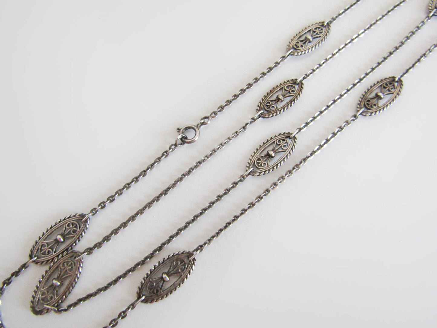 Antique French Silver Filigree Station Necklace, Vintage Art Nouveau Chain Necklace