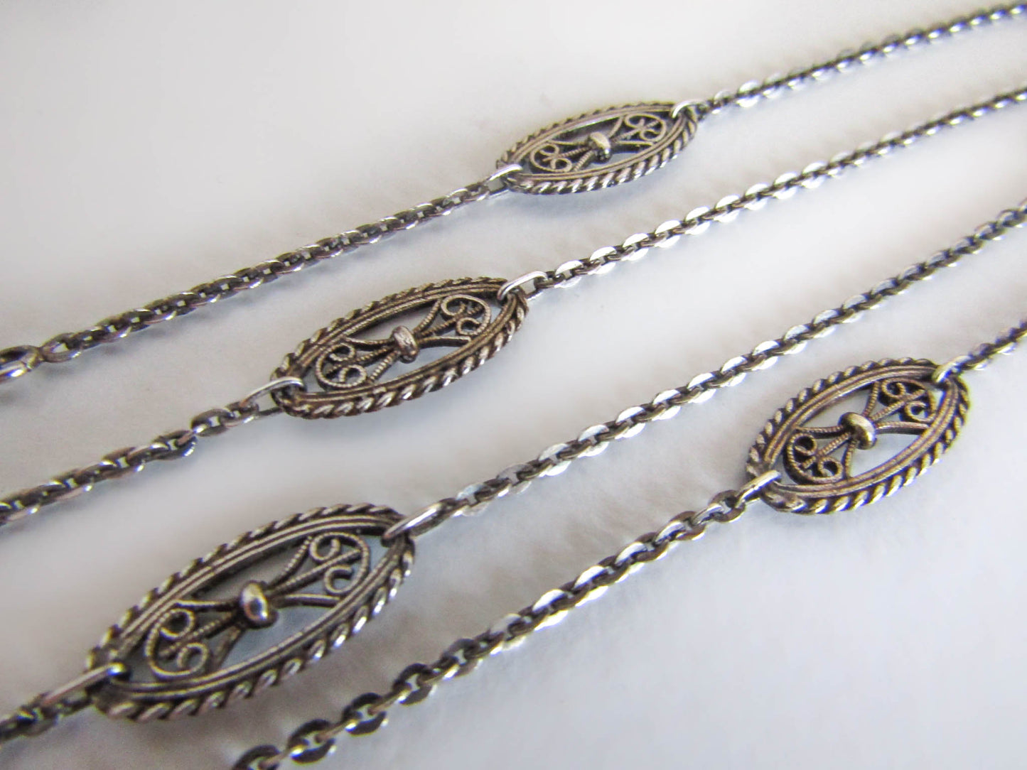 Antique French Silver Filigree Station Necklace, Vintage Art Nouveau Chain Necklace