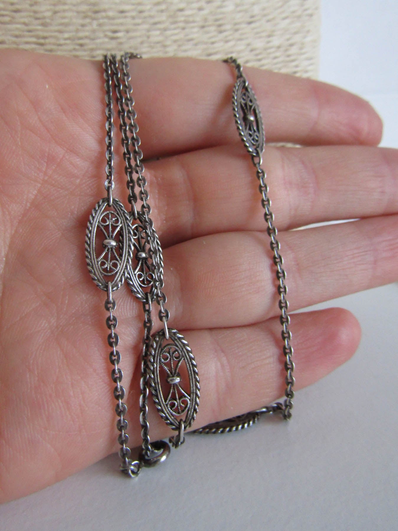 Antique French Silver Filigree Station Necklace, Vintage Art Nouveau Chain Necklace