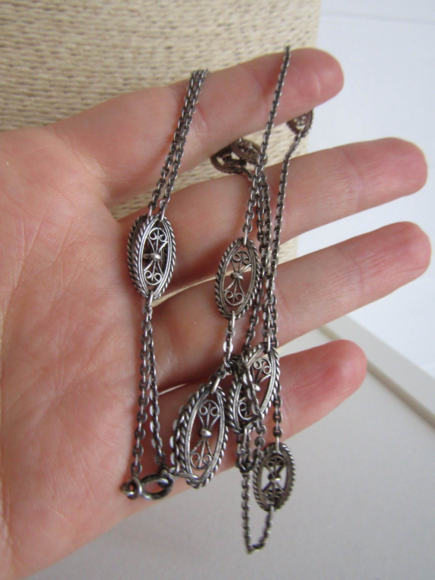 Antique French Silver Filigree Station Necklace, Vintage Art Nouveau Chain Necklace