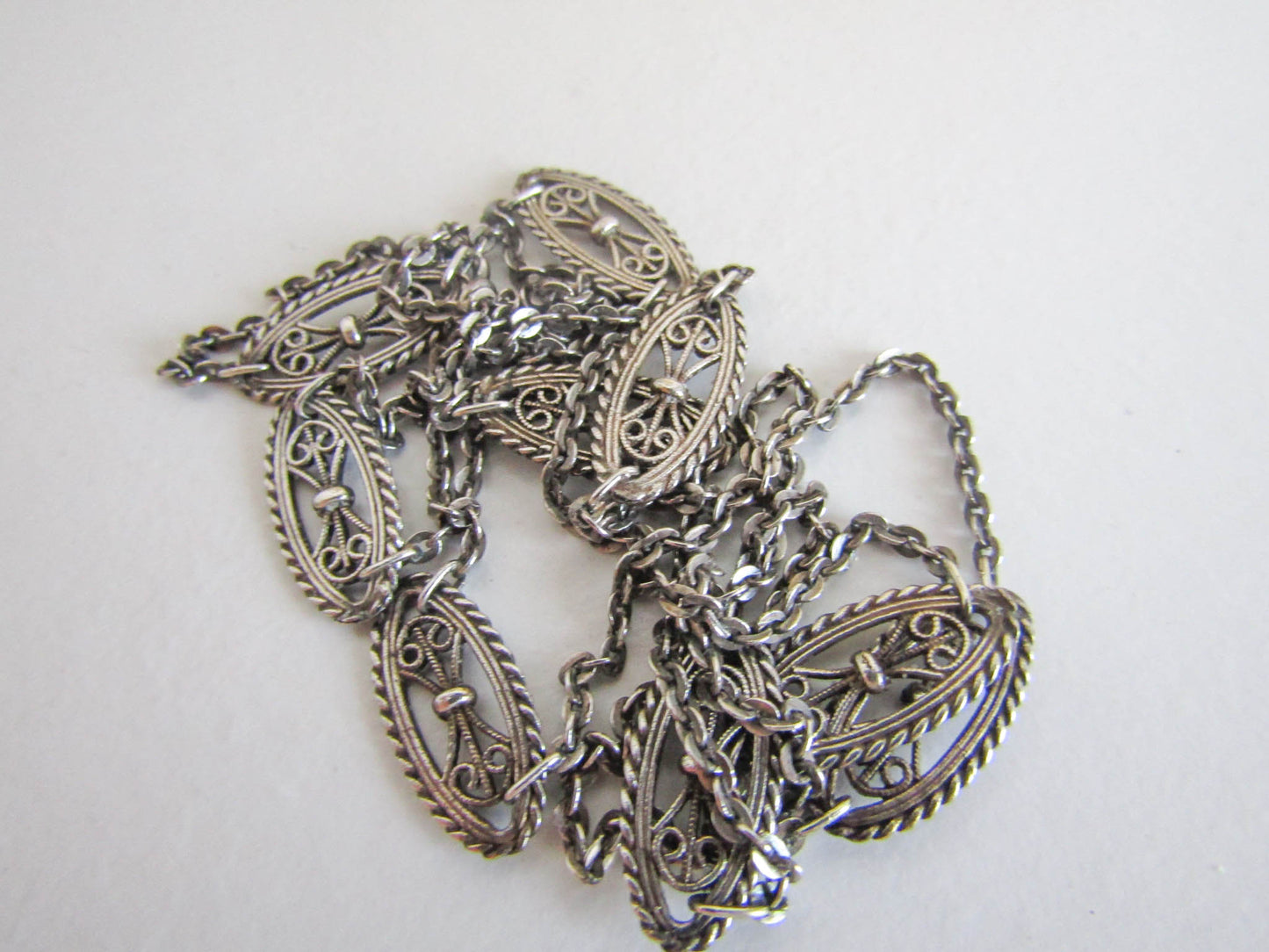 Antique French Silver Filigree Station Necklace, Vintage Art Nouveau Chain Necklace