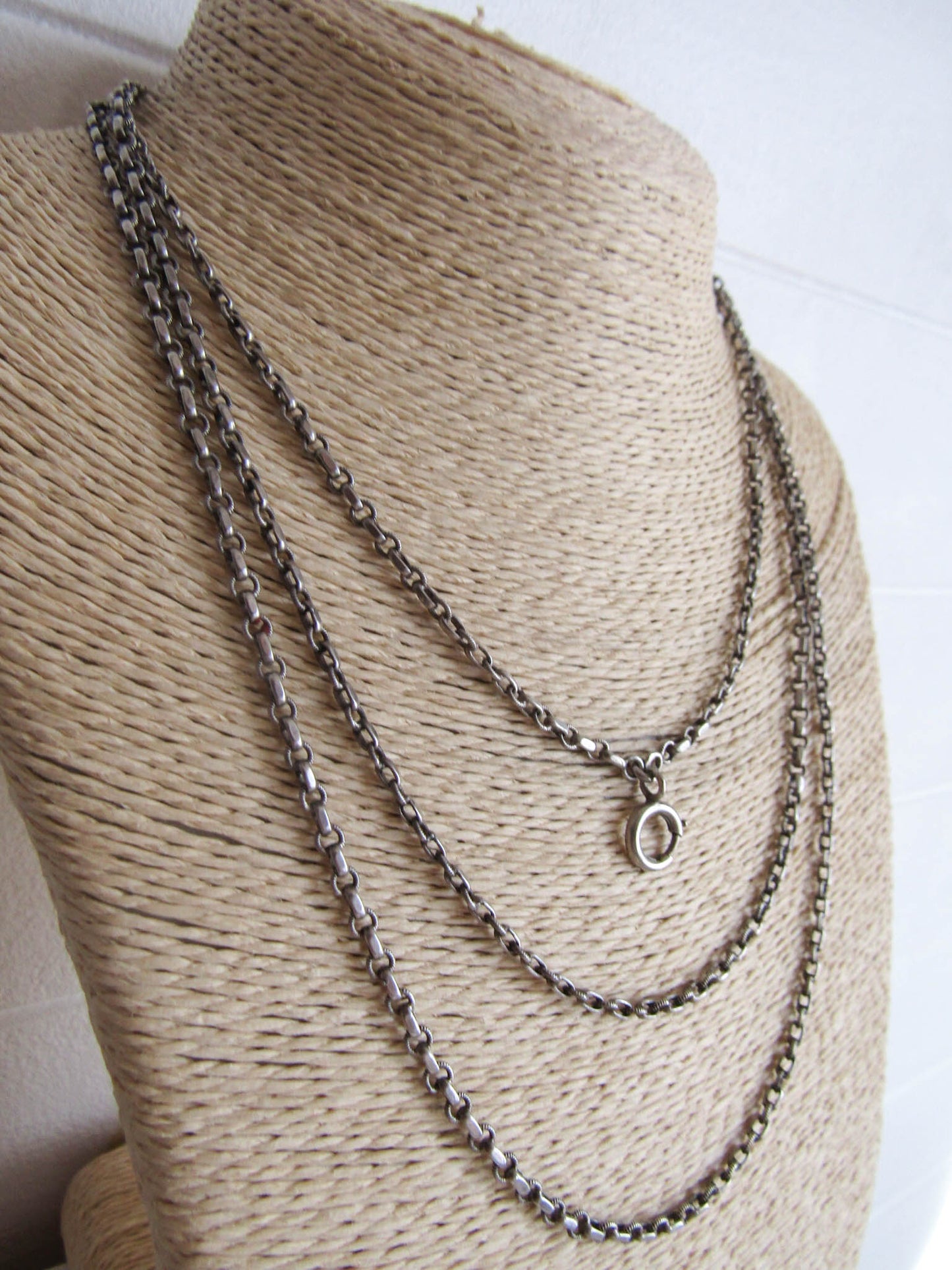 58" French Silver Long Guard Chain, Art Deco Long Chain with Hanging Bolt Ring