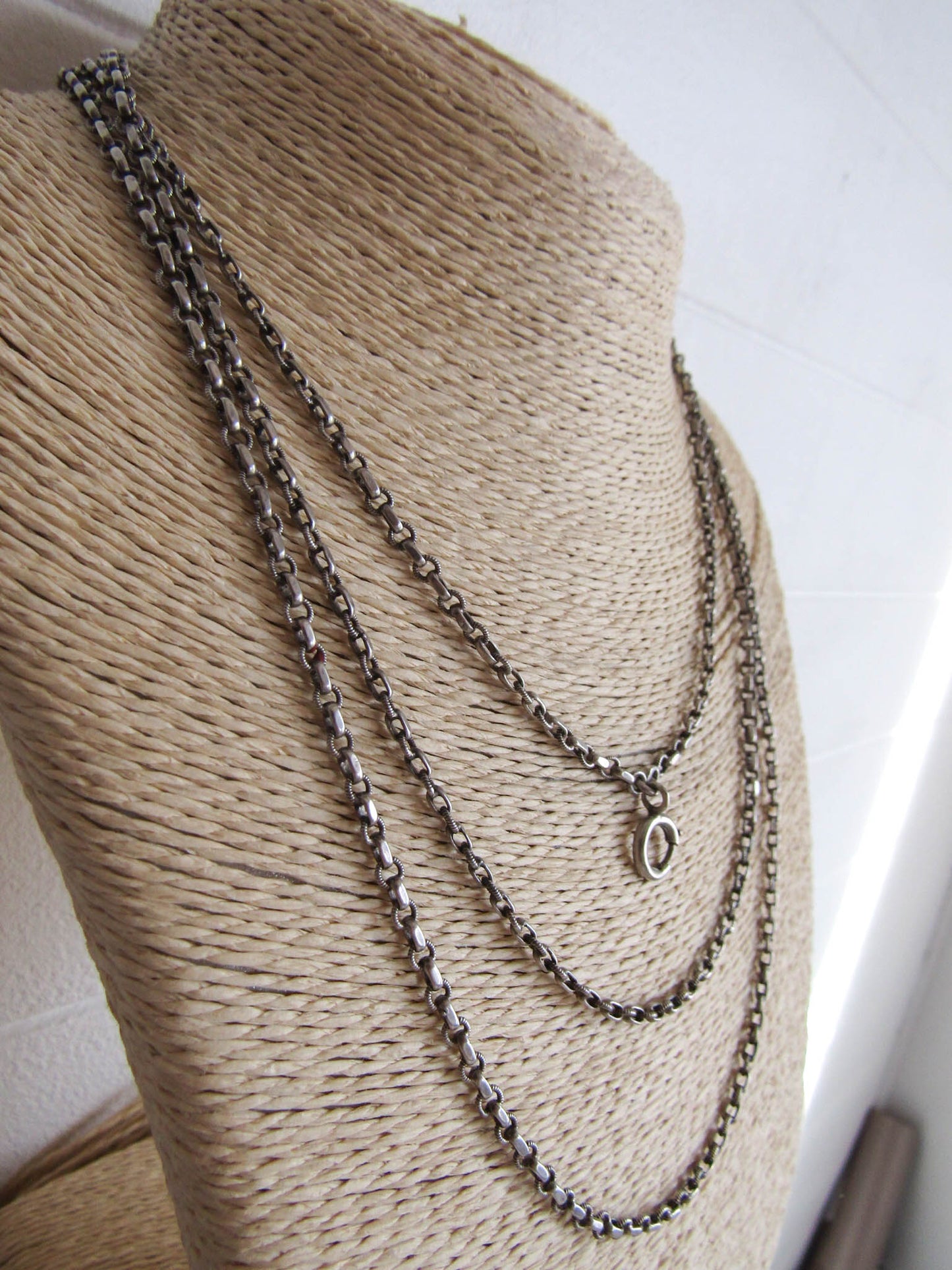 58" French Silver Long Guard Chain, Art Deco Long Chain with Hanging Bolt Ring