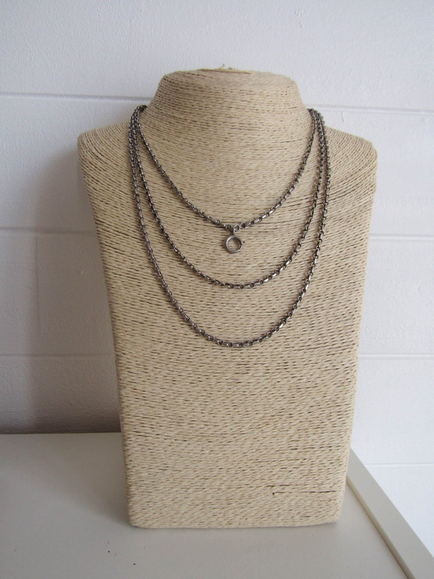 58" French Silver Long Guard Chain, Art Deco Long Chain with Hanging Bolt Ring