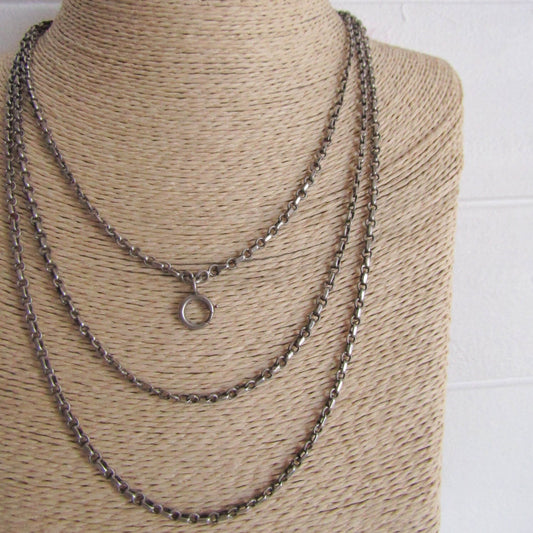 58" French Silver Long Guard Chain, Art Deco Long Chain with Hanging Bolt Ring