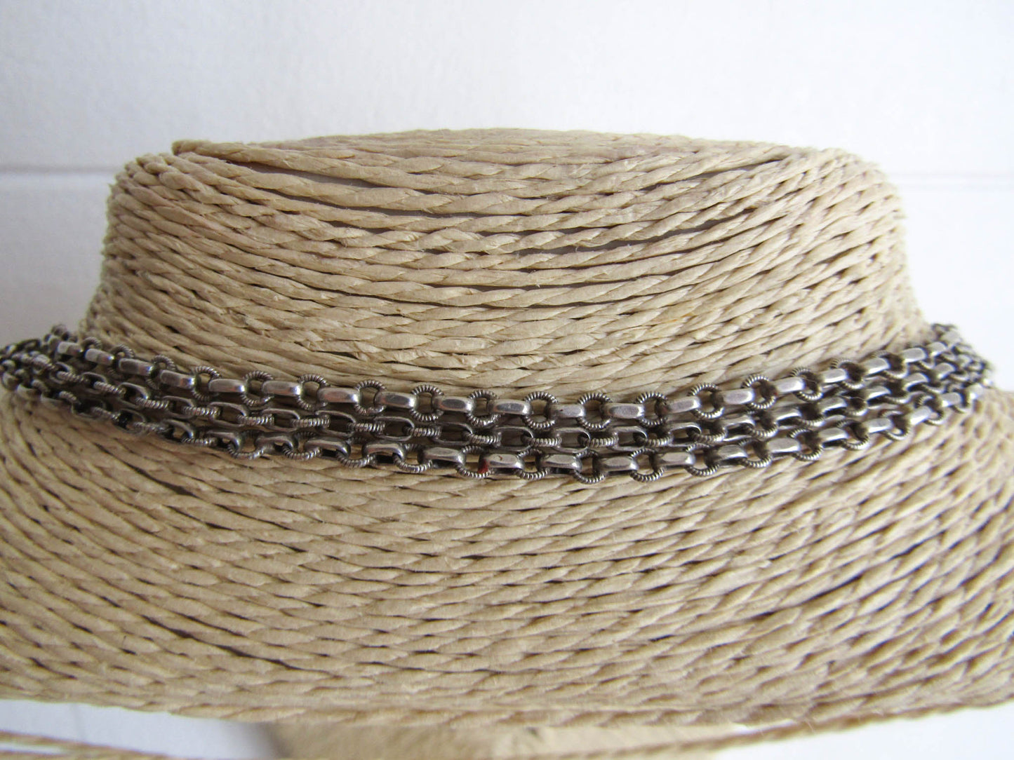 58" French Silver Long Guard Chain, Art Deco Long Chain with Hanging Bolt Ring