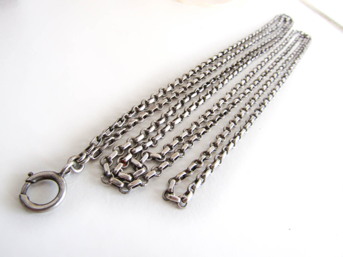 58" French Silver Long Guard Chain, Art Deco Long Chain with Hanging Bolt Ring