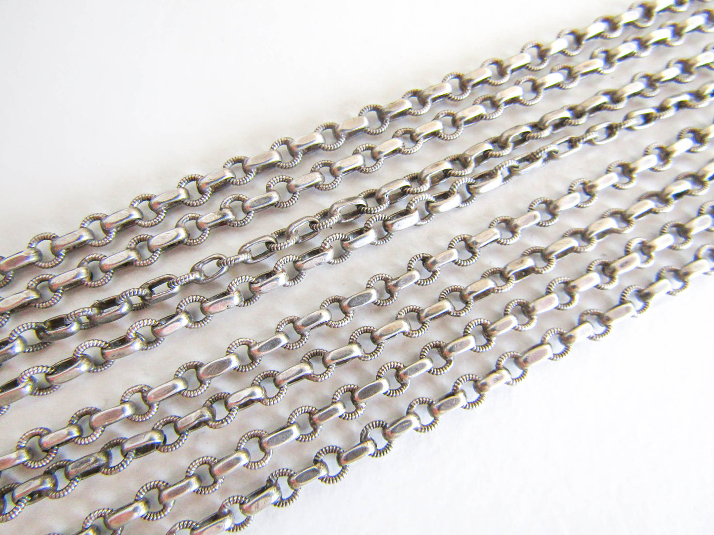 58" French Silver Long Guard Chain, Art Deco Long Chain with Hanging Bolt Ring