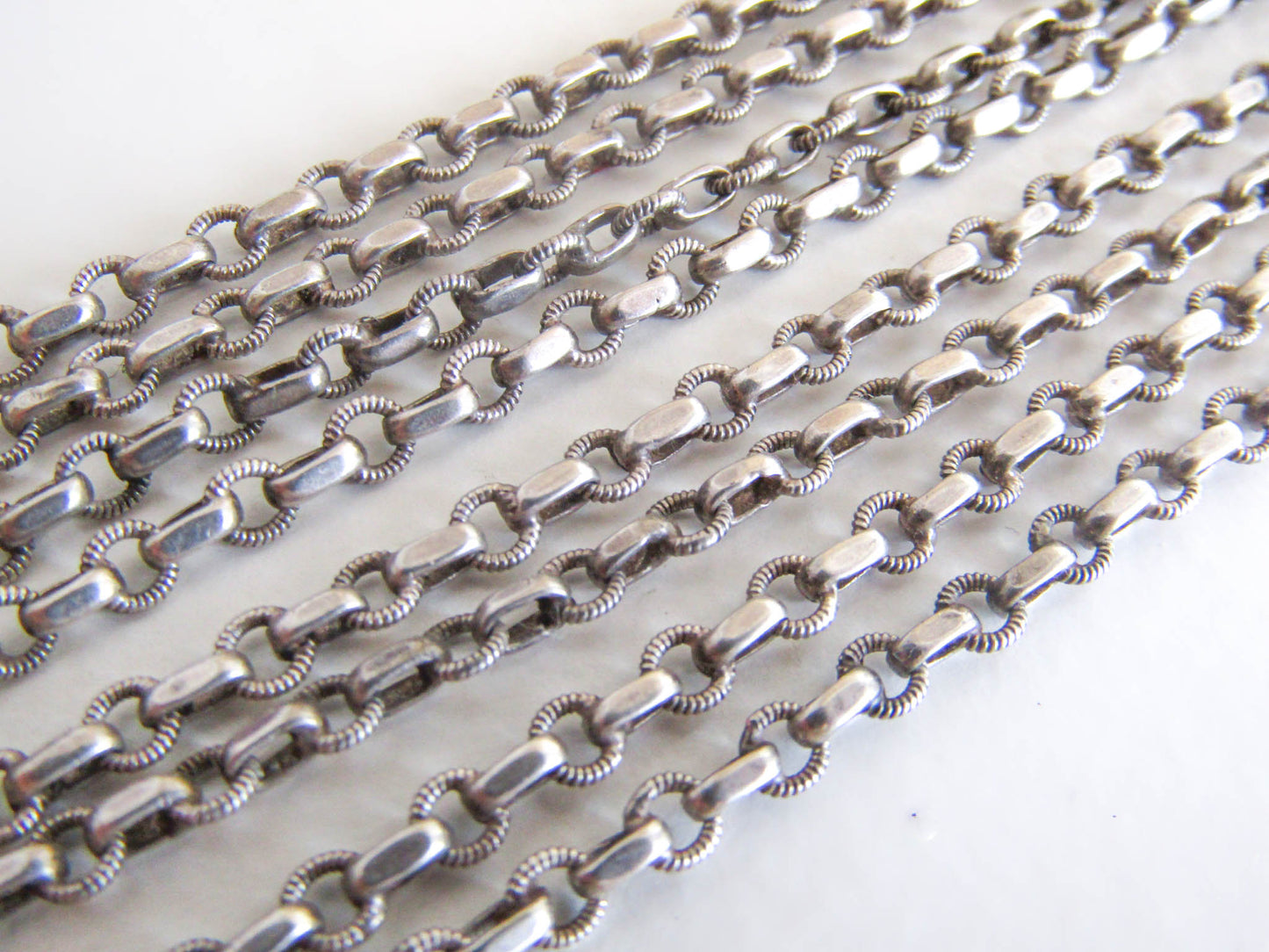 58" French Silver Long Guard Chain, Art Deco Long Chain with Hanging Bolt Ring