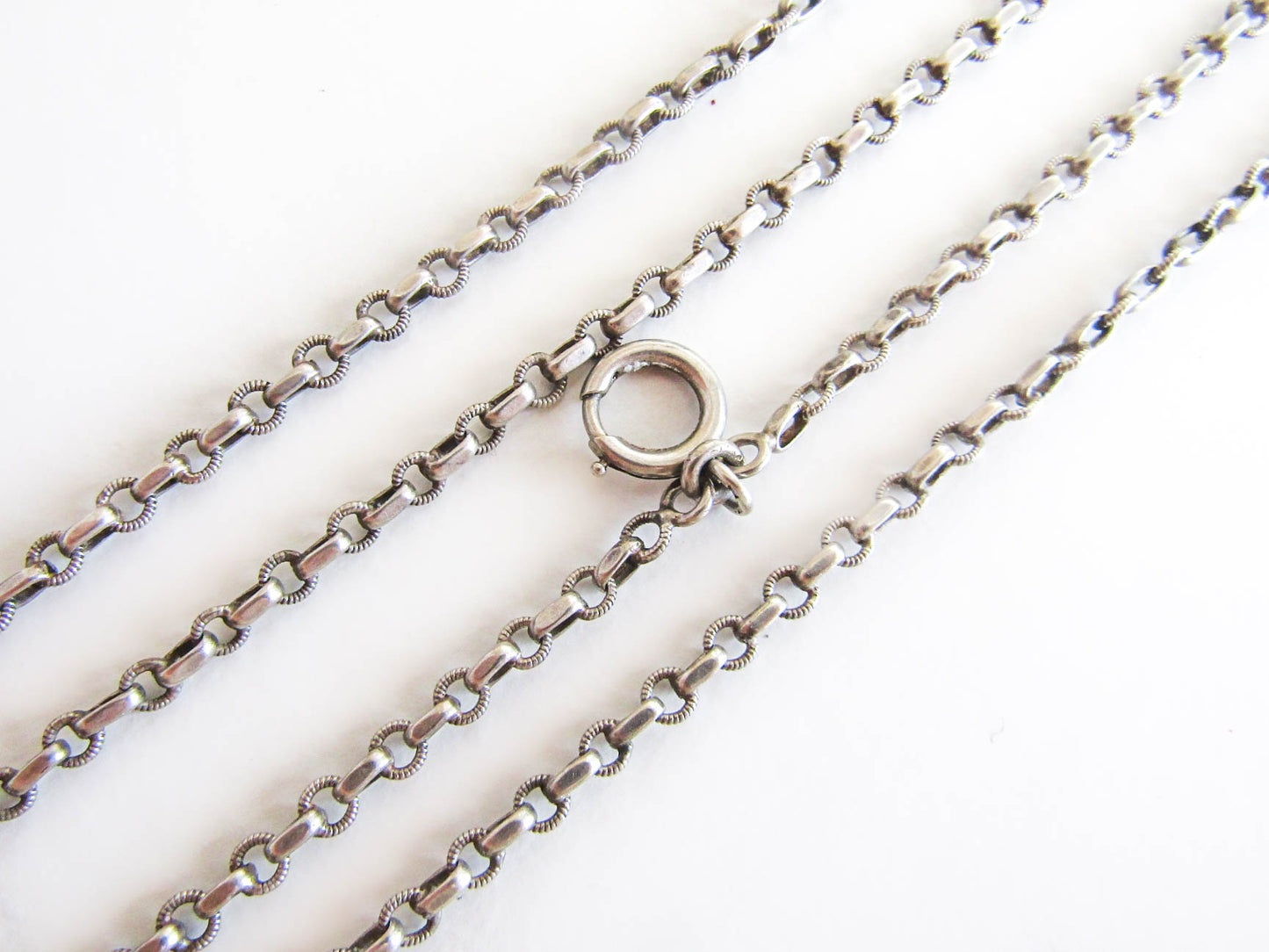 58" French Silver Long Guard Chain, Art Deco Long Chain with Hanging Bolt Ring