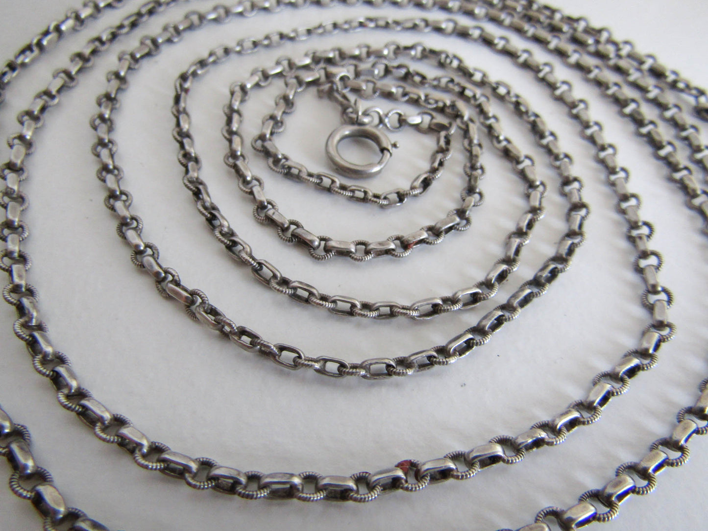 58" French Silver Long Guard Chain, Art Deco Long Chain with Hanging Bolt Ring