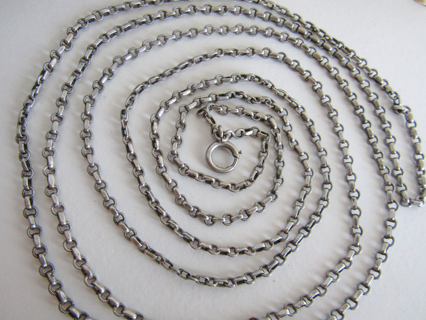 58" French Silver Long Guard Chain, Art Deco Long Chain with Hanging Bolt Ring