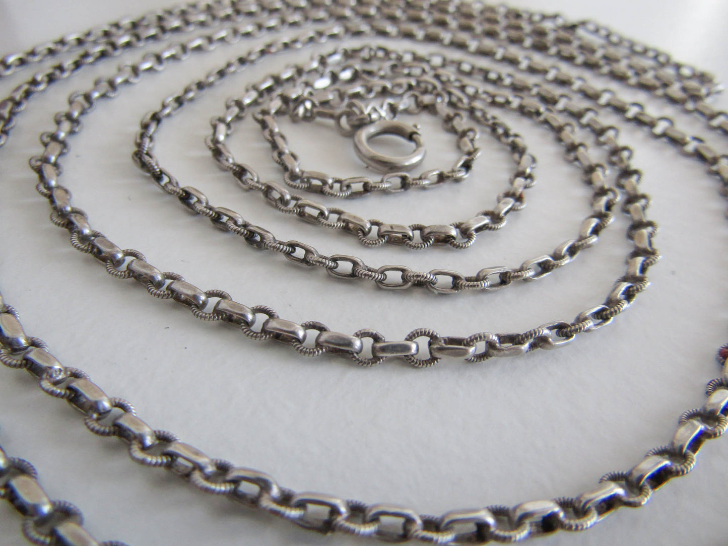 58" French Silver Long Guard Chain, Art Deco Long Chain with Hanging Bolt Ring