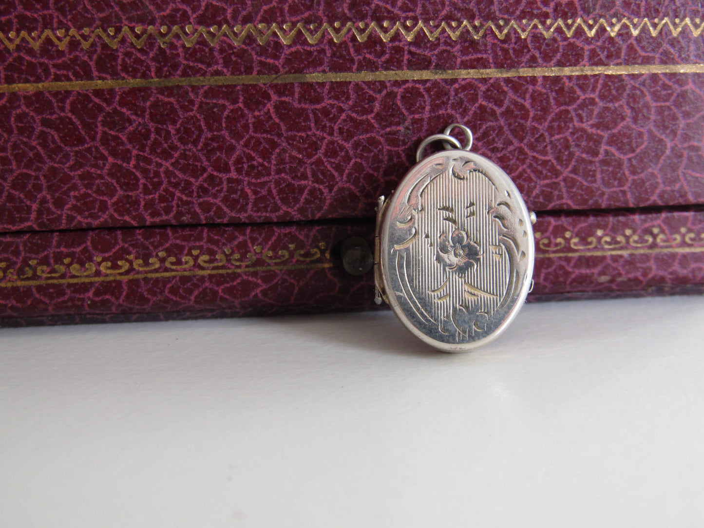 Small Silver Art Nouveau Guilloche Locket w gold interior