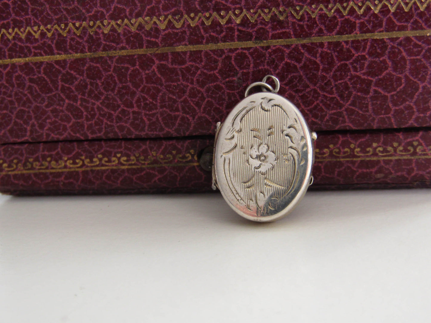 Small Silver Art Nouveau Guilloche Locket w gold interior