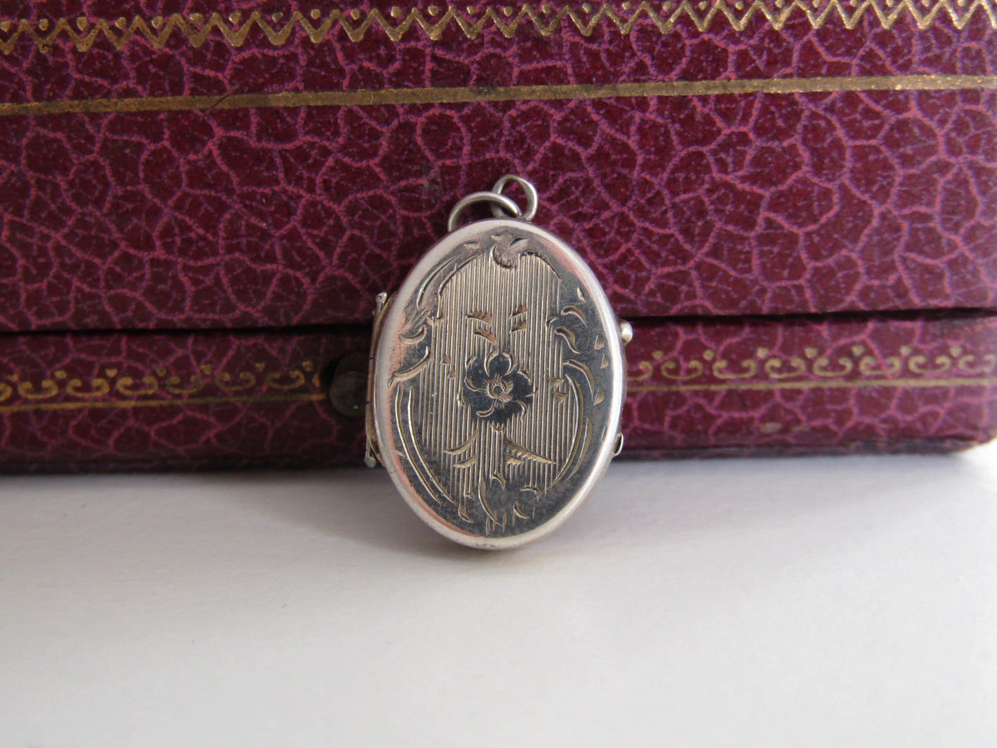 Small Silver Art Nouveau Guilloche Locket w gold interior