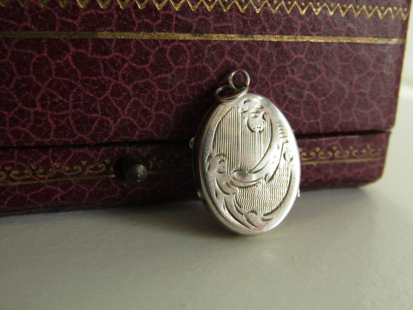 Small Silver Art Nouveau Guilloche Locket w gold interior