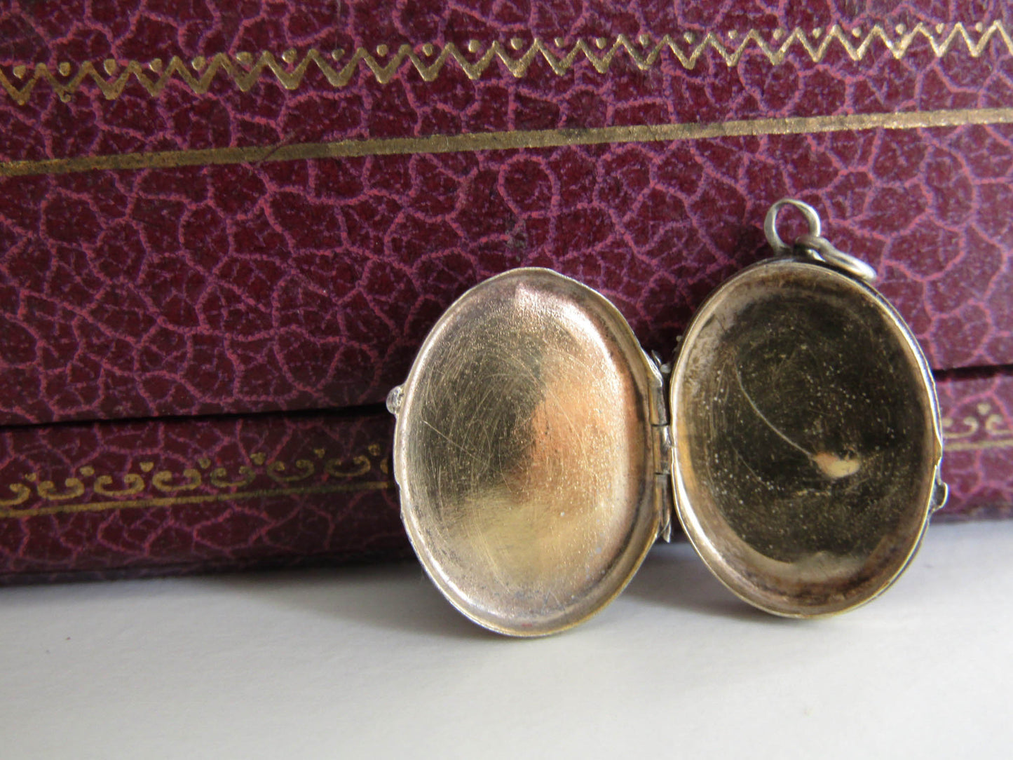 Small Silver Art Nouveau Guilloche Locket w gold interior