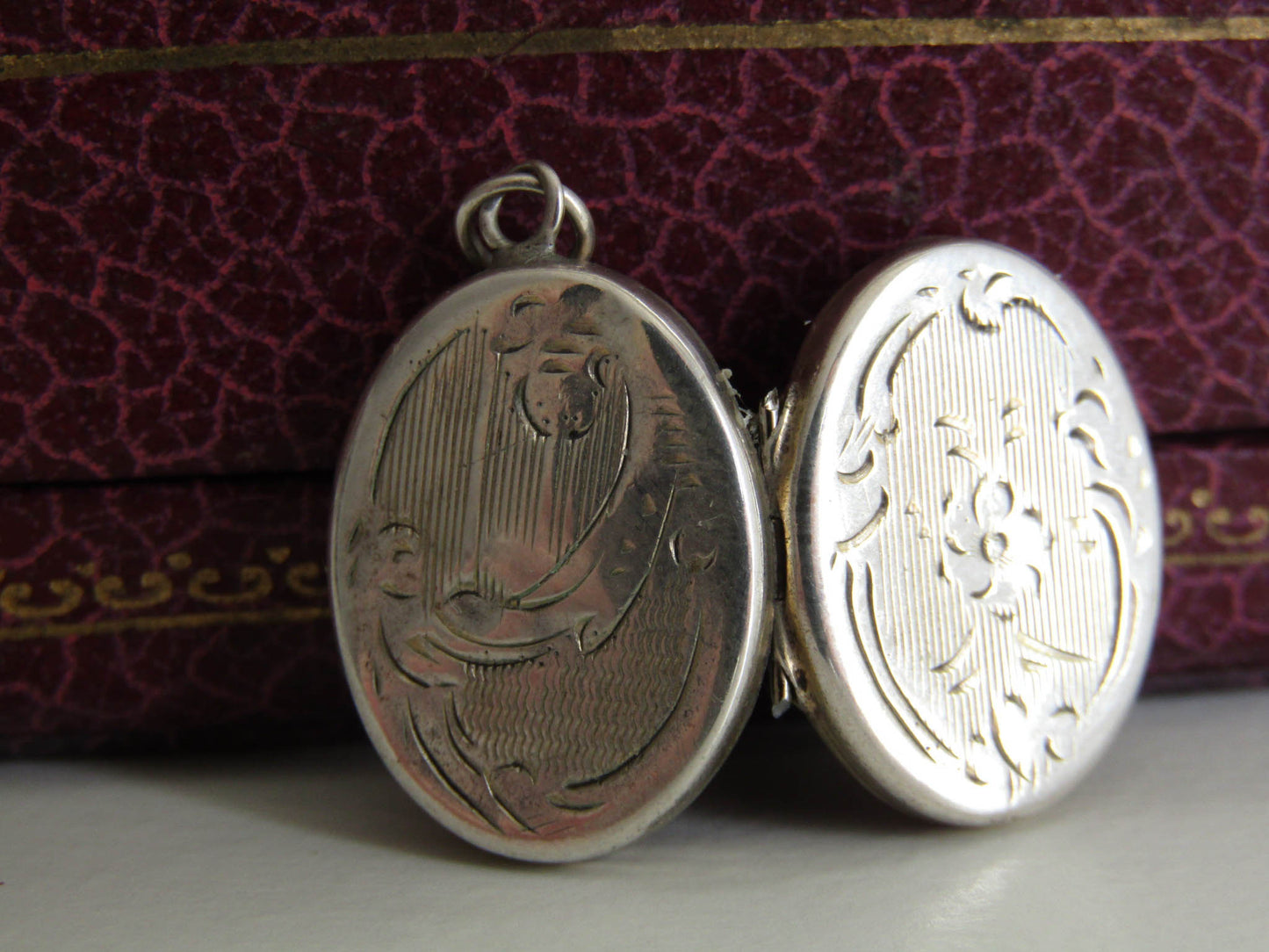 Small Silver Art Nouveau Guilloche Locket w gold interior