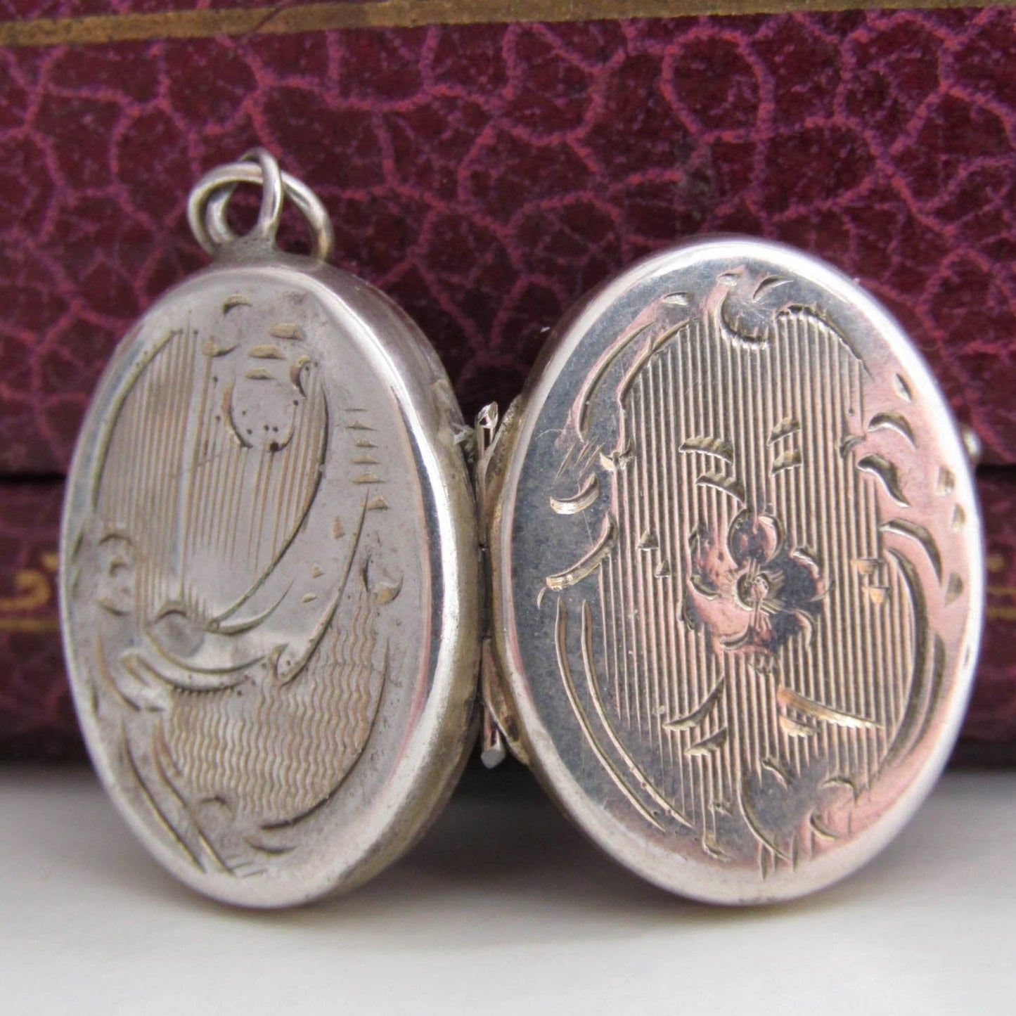 Small Silver Art Nouveau Guilloche Locket w gold interior