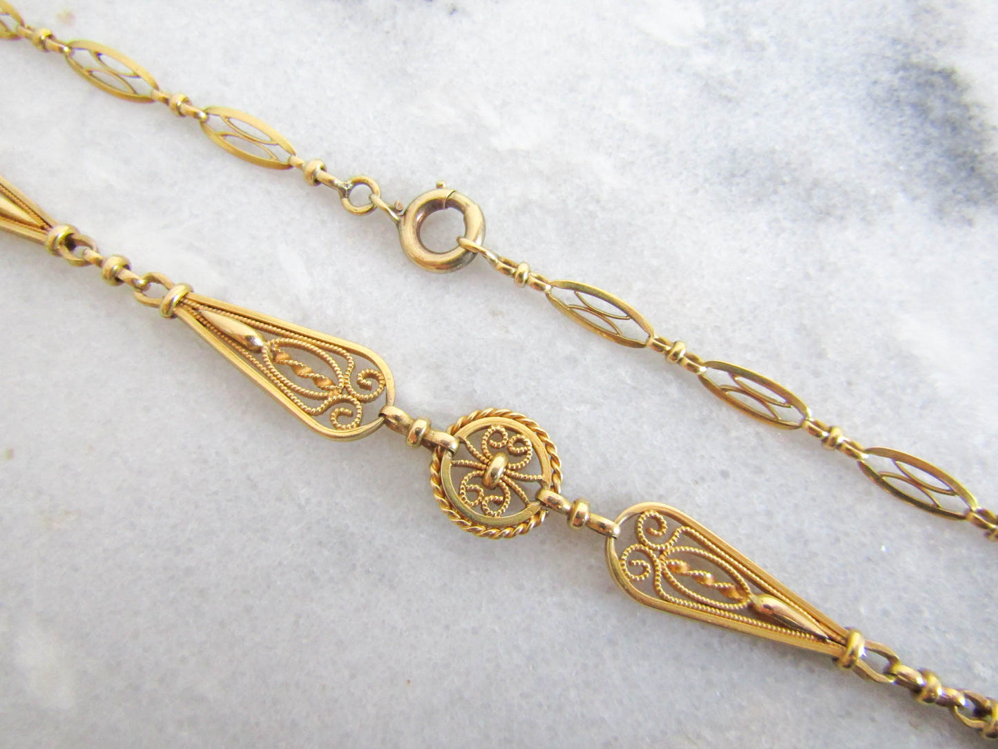 RARE 18k Solid Gold Victorian Filigree Necklace, Antique French Belle Epoque Chain c. 1890 (16 g)