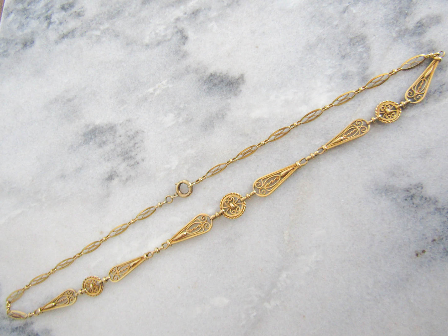 RARE 18k Solid Gold Victorian Filigree Necklace, Antique French Belle Epoque Chain c. 1890 (16 g)