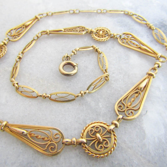 RARE 18k Solid Gold Victorian Filigree Necklace, Antique French Belle Epoque Chain c. 1890 (16 g)