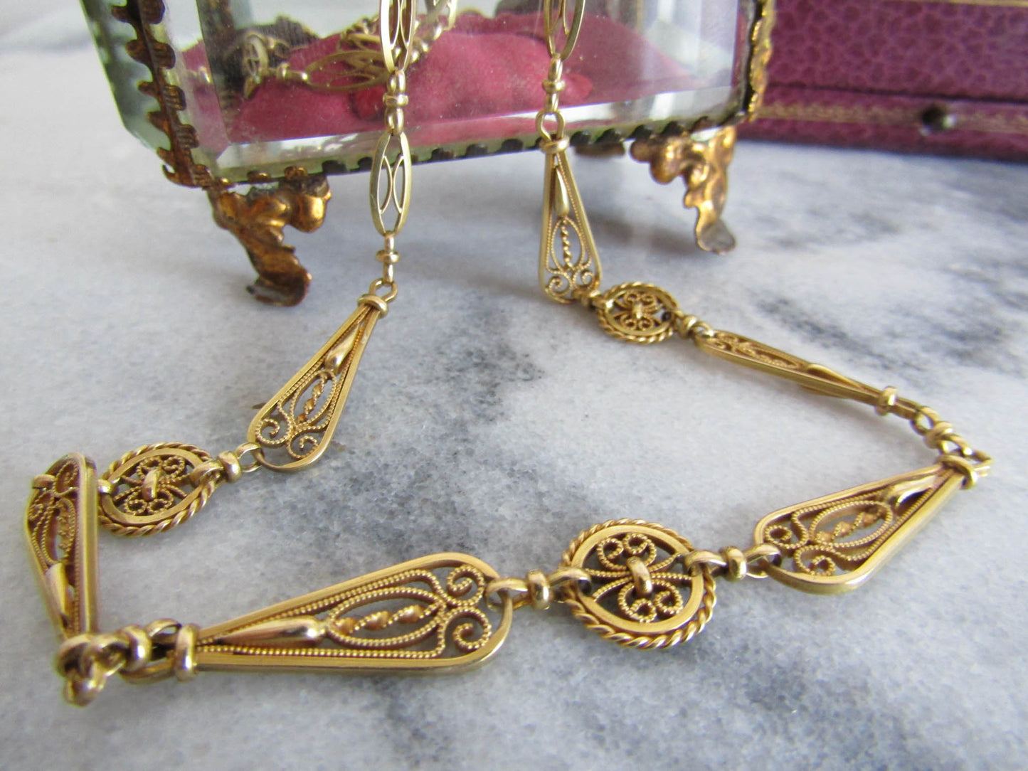 RARE 18k Solid Gold Victorian Filigree Necklace, Antique French Belle Epoque Chain c. 1890 (16 g)