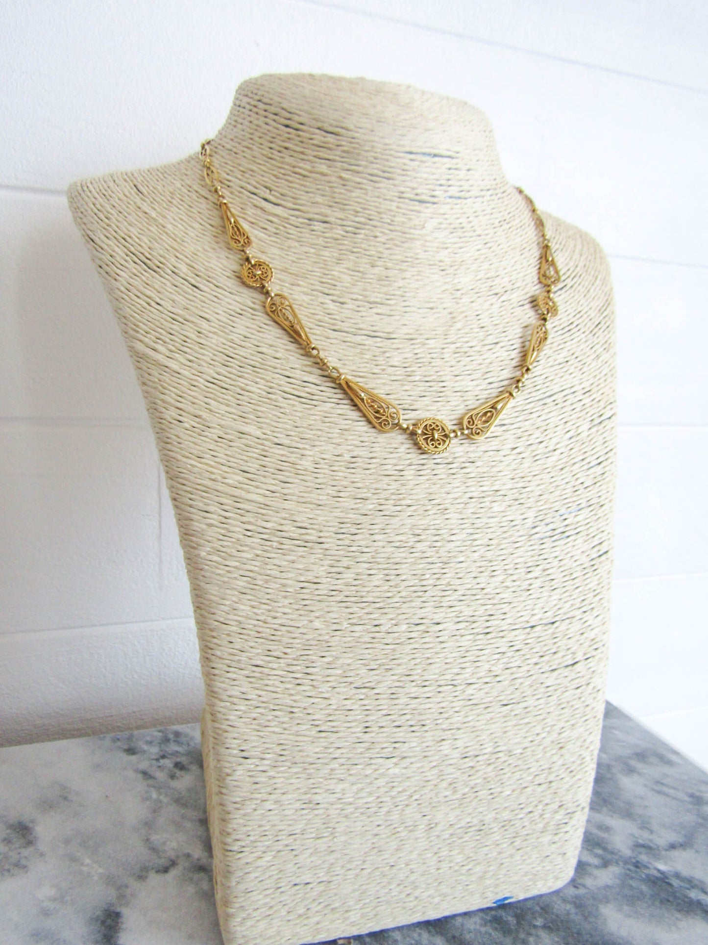 RARE 18k Solid Gold Victorian Filigree Necklace, Antique French Belle Epoque Chain c. 1890 (16 g)