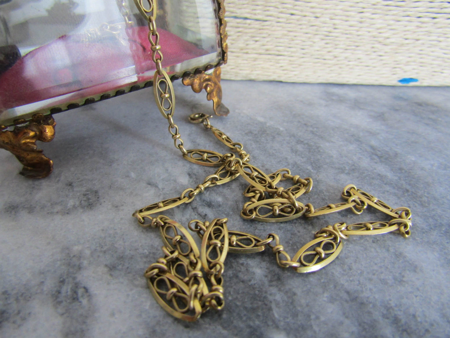 18k Solid Gold Filigree Bow Chain, Antique French Gold Necklace c. 1900 (14 g)